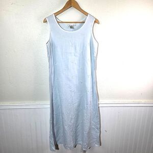Vintage Cambridge Spirit Linen Dress PL Light Blue Embroidered Floral Shift Midi